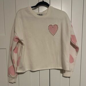 Luxxfleece Crop White Sweatshirt with Pink Heart Accents Great for Valentines L